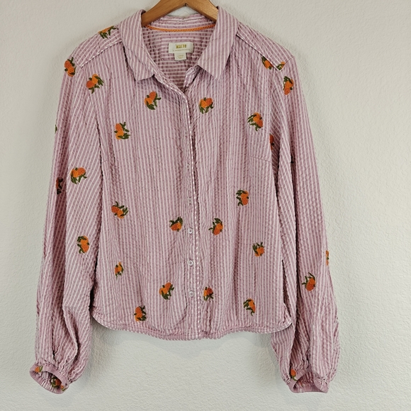 Anthropologie Maeve Embroidered Button down Shirt In Assorted Fruit Striped LG - Picture 2 of 15